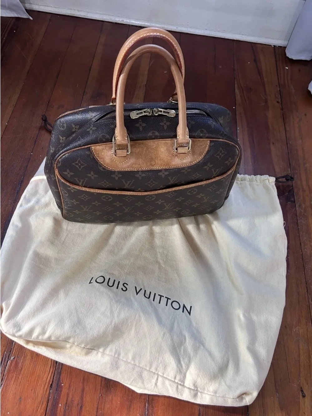 Louis Vuitton Brown Monogram Satchel with Natural Leather Handles Deauville